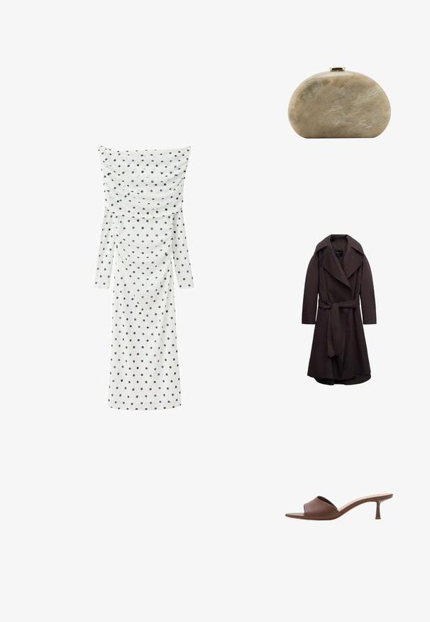 Trench-coat long marron foncé avec de larges revers et une ceinture assortie en tissu nouée à la taille, présenté sur un fond blanc.; Robe midi blanche à manches longues avec des pois noirs, présentant un large décolleté drapé épaules dénudées et une silhouette ajustée.; Mule en cuir marron à bout ouvert, avec un talon kitten bas et fin et une semelle intérieure rembourrée, présentée sur fond blanc.; Petit sac pochette rigide beige marbré avec une forme arrondie et une fermeture à clip dorée sur le dessus.
