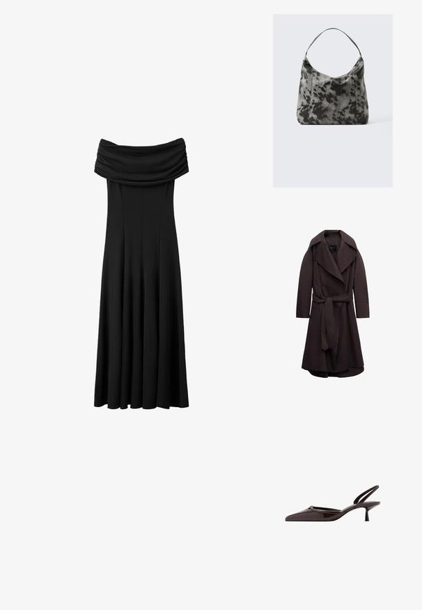 Trench-coat long marron foncé avec de larges revers et une ceinture assortie en tissu nouée à la taille, présenté sur un fond blanc.; Robe longue noire à épaules dénudées avec un col froncé et une jupe évasée, présentée sur un fond blanc.; Escarpin slingback en cuir verni marron foncé avec bout pointu et petit talon kitten sur fond blanc.; Sac en tissu noir et gris à pois avec une silhouette courbée, une seule poignée et une texture douce, offrant un design décontracté et spacieux.
