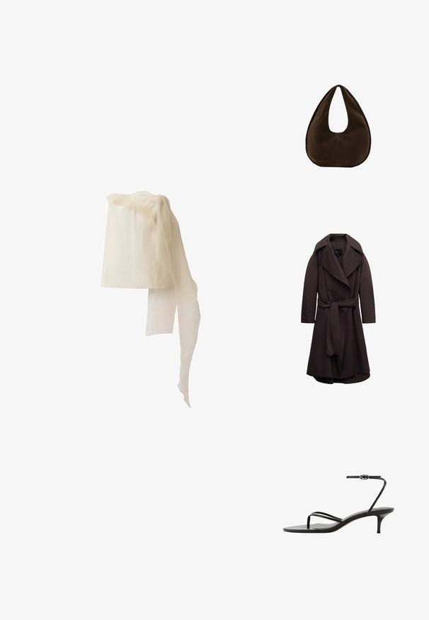 Donkere bruine lange trenchcoat met brede revers en een bijpassende stoffen riem gestrikt in de taille, weergegeven op een witte achtergrond.; Linnen hoofddeksel in off-white, cilindrische vorm met een doorschijnende, vloeiende sjaal die over de bovenkant valt, met een zachte, transparante textuur.; Zwarte sandaal met dunne enkelriem met gesp, teenlus en een slanke middelhoog kittenhak op een witte achtergrond.; Donkerbruine suède handtas in halve maanvorm met een enkele brede riem en een gladde textuur op een witte achtergrond.