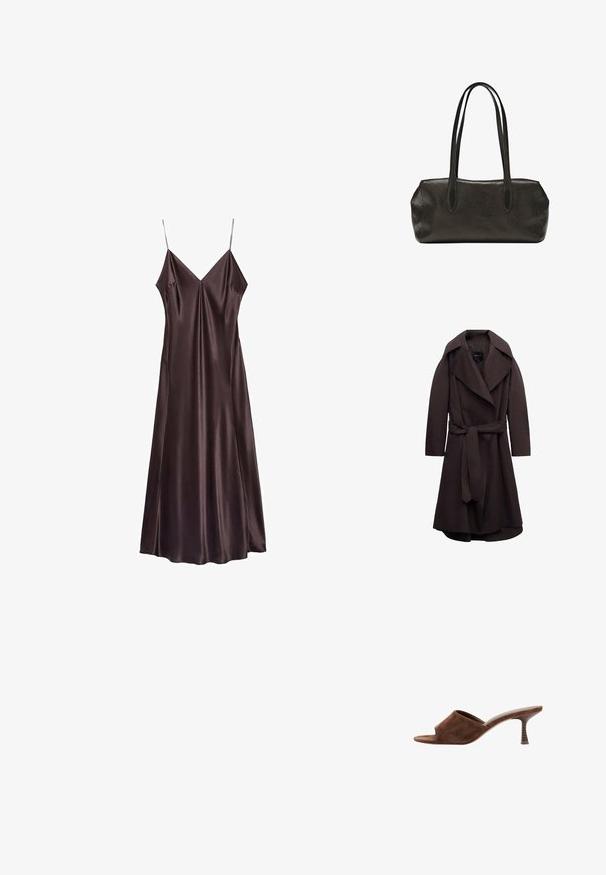 Trench-coat long marron foncé avec de larges revers et une ceinture assortie en tissu nouée à la taille, présenté sur un fond blanc.; Robe slip en satin couleur chocolat, avec un décolleté en V, des bretelles fines et un ourlet fluide qui tombe au milieu du mollet. Texture lisse et design minimaliste.; Mule en daim marron à bout ouvert, talon en bois incurvé de hauteur moyenne et design à enfiler sur fond blanc.; Sac à main rectangulaire en cuir noir avec longues bretelles doubles et finition texturée, présenté sur un fond blanc uni.