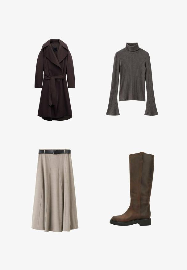 Trench-coat long marron foncé avec de larges revers et une ceinture assortie en tissu nouée à la taille, présenté sur un fond blanc.; Pull à col roulé gris foncé côtelé avec manches longues évasées et coupe semi-ajustée, confectionné en tissu doux et extensible.; Jupe plissée beige en tissu lisse, équipée d'une ceinture noire avec une boucle argentée. La jupe présente une coupe évasée et une longueur mi-mollet.; Botte en cuir marron, montant jusqu'au genou, avec un bout arrondi, une texture lisse et une semelle plate et épaisse. Présente un design simple et minimaliste avec des accents de couture.