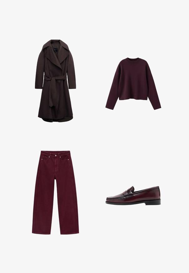 Donkere bruine lange trenchcoat met brede revers en een bijpassende stoffen riem gestrikt in de taille, weergegeven op een witte achtergrond.; Bordeauxkleurige gebreide trui met een cropped ontwerp, geribbelde ronde halslijn en lange mouwen. Zachte textuur en relaxte pasvorm, met minimale details.; Bordeaux wijde jeans van denim, met een vier-pocket ontwerp en metalen knoopsluiting met bijpassende stiksels.; Donker bordeauxrode leren loafer met een gestikte moccasin-neus en een banddetail. Minimalistisch ontwerp met een platte zwarte rubberen zool.