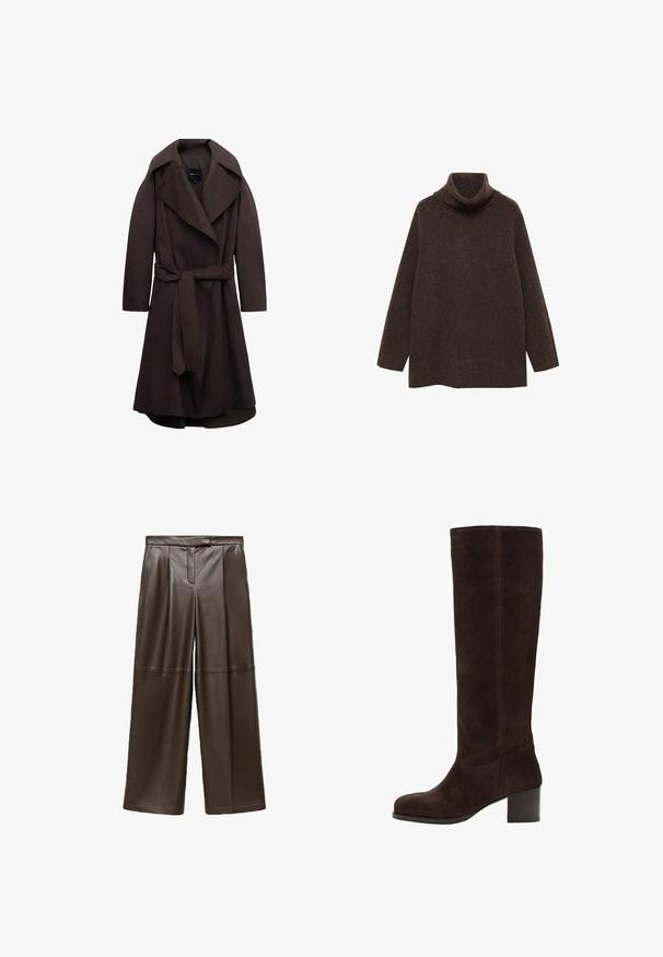 Mørkebrun lang trenchcoat med brede revers og et matchende stofbælte bundet i taljen, vist på hvid baggrund.; Brun turtle neck sweater lavet af blødt strikstof. Har lange ærmer og en afslappet pasform med høj krave for ekstra varme.; Brune læder brede bukser med en glat tekstur, der har folder foran og et klassisk taljebånddesign.; Brun ruskinds knæhøje støvle med firkantet snude, blokhæle og lodret syningsdetalje. Blød tekstur og glat udseende.