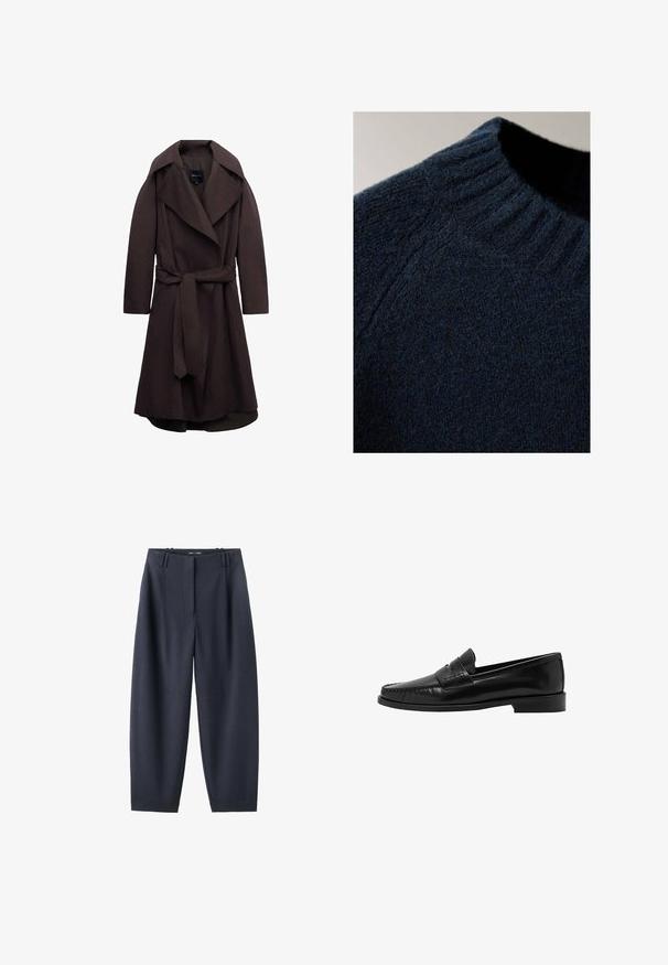 Abrigo largo tipo trench de color marrón oscuro con solapas anchas y un cinturón del mismo tejido atado en la cintura, mostrado sobre un fondo blanco.; Jersey de lana azul oscuro con un patrón de punto texturizado y cuello redondo acanalado, mostrado en detalle de cerca.; Pantalones anchos negros con rayas finas, presillas para cinturón y cierre frontal de cremallera, mostrados sobre un fondo blanco.; Mango Zapatos sin cordones - black
