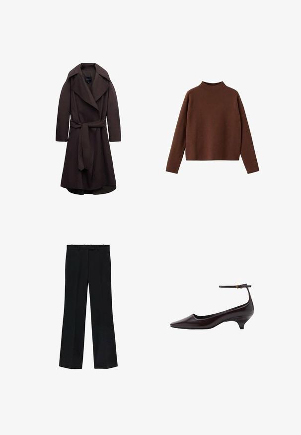 Mørkebrun lang trenchcoat med brede revers og et matchende stofbælte bundet i taljen, vist på hvid baggrund.; Kastanjebrun, langærmet sweater med en høj halsudskæring. Fremstillet af et blødt, tekstureret stof. Har en afslappet, kasseformet silhuet og et minimalistisk design.; Sorte bukser med lige pasform, lavet af glat stof. Har en talje med bæltestropper og ingen synlige mærker eller dekorationer.; Mørkebrune spidse læder kitten heel sko med en tynd ankelrem og en lille guldbeslag.