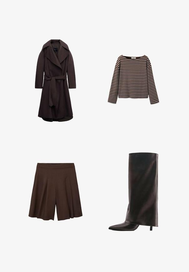 Trench-coat long marron foncé avec de larges revers et une ceinture assortie en tissu nouée à la taille, présenté sur un fond blanc.; Chemise marron à manches longues avec des rayures horizontales blanches et un large col rond, présentée sur un fond blanc.; Shorts plissés marron à taille haute. Le tissu semble lisse et léger, présentant des plis profonds et nets pour une silhouette fluide.; Botte haute noire en cuir avec un bout pointu et un talon fin de hauteur moyenne sur fond blanc.