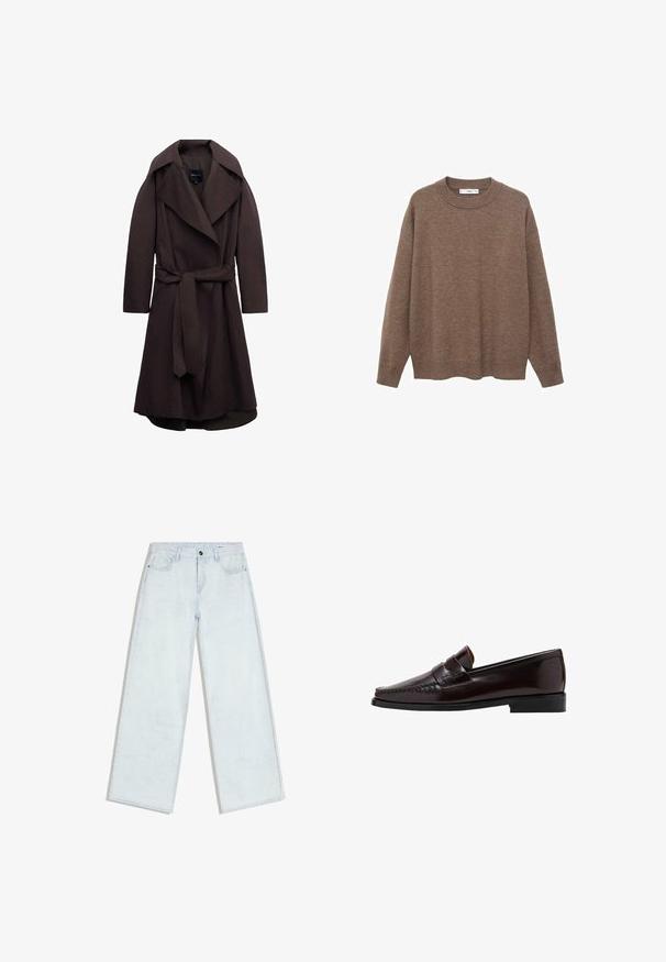 Mørkebrun lang trenchcoat med brede revers og et matchende stofbælte bundet i taljen, vist på hvid baggrund.; Brun strikket sweater med rund halsudskæring og lange ærmer. Den har en afslappet pasform samt ribbede manchetter og søm for ekstra tekstur.; Lyseblå vidde-jeans med forreste knap og lynlås, bæltestropper og fem-lomme design, lagt fladt på hvid baggrund.; Brun læder loafersko med en mokkasinstil foran, hævet syning langs vampskæringen og en lav sort gummisål. Glat, poleret finish.