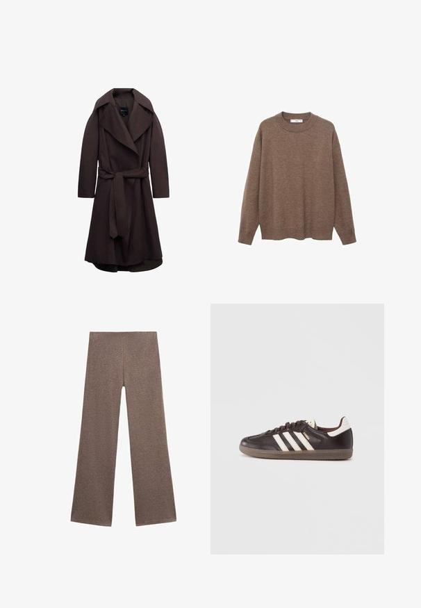 Mørkebrun lang trenchcoat med brede revers og et matchende stofbælte bundet i taljen, vist på hvid baggrund.; Brun strikket sweater med rund halsudskæring og lange ærmer. Den har en afslappet pasform samt ribbede manchetter og søm for ekstra tekstur.; Brune brede bukser lavet af blødt, tekstureret stof. Designet har en høj talje og en løs pasform, perfekt til afslappet brug.; Mørkebrune lædersneakers med hvidt tre-stribet design, en gummisål og "Samba" i gyldne bogstaver på siden. Klassisk lavtopform.
