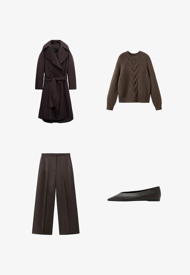 Trench-coat long marron foncé avec de larges revers et une ceinture assortie en tissu nouée à la taille, présenté sur un fond blanc.; Pull en tricot marron avec un col rond, des manches longues et un motif en torsades sur le devant. Ourlets et poignets côtelés.; Pantalon noir à jambes larges avec taille haute, plis avant et poches latérales, conçu pour une tenue formelle ou professionnelle.; Chaussure plate noire à bout pointu avec un talon bas et une tige en cuir lisse, présentée de profil sur un fond blanc.