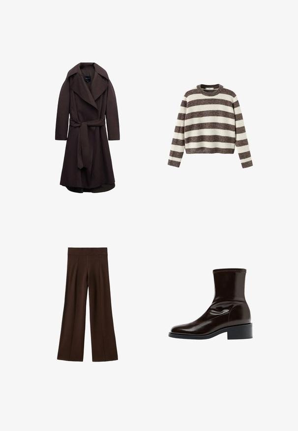 Mørkebrun lang trenchcoat med brede revers og et matchende stofbælte bundet i taljen, vist på hvid baggrund.; Stripet pullover sweater i creme og mørkebrun. Ribstrikket rund hals, lange ærmer og en kortet kant. Blød tekstur med en afslappet pasform.; Brune brede bukser med ribbet elastisk talje og lodrette sømdetaljer på en hvid baggrund.; Mørkebrun læderankelstøvle med firkantet tå, lav blokhæle og stikning langs øverste kant, vist i sideprofil.
