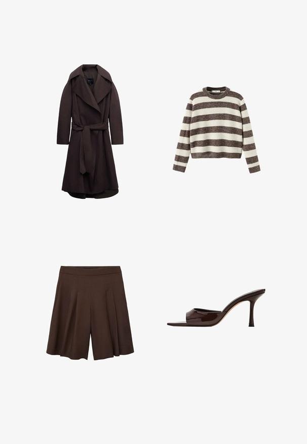 Donkere bruine lange trenchcoat met brede revers en een bijpassende stoffen riem gestrikt in de taille, weergegeven op een witte achtergrond.; Gestreepte trui in crème en donkerbruin. Geribbelde ronde hals, lange mouwen en een cropped zoom. Zachte textuur met een ontspannen pasvorm.; Bruine geplooide shorts met een hoge taille. De stof lijkt glad en lichtgewicht, met diepe, scherpe plooien voor een vloeiende uitstraling.; Donkerbruine lakleren mule met open teen, brede band en slanke hoge hak op een witte achtergrond.