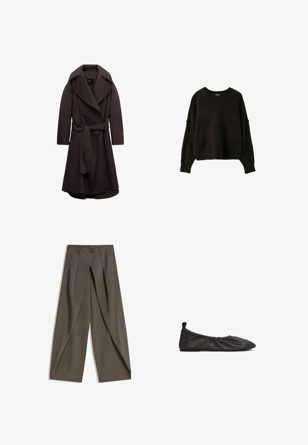 Trench-coat long marron foncé avec de larges revers et une ceinture assortie en tissu nouée à la taille, présenté sur un fond blanc.; Pull noir en maille à manches longues avec encolure ronde et poignets et ourlet côtelés, présenté sur fond blanc uni.; Pantalons à jambes larges en tissu texturé gris foncé. Présente un pli avant, une fermeture par bouton et des poches latérales pour plus de praticité.; Chaussure plate en cuir noir avec un bord élastique froncé, bout pointu et surface lisse. Présente un design minimaliste sans quincaillerie visible.
