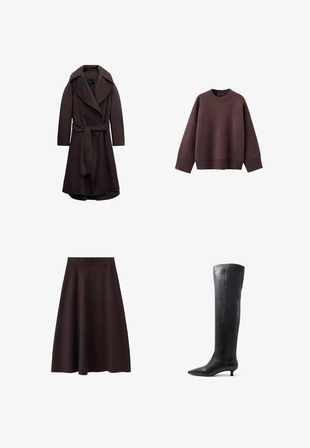 Donkere bruine lange trenchcoat met brede revers en een bijpassende stoffen riem gestrikt in de taille, weergegeven op een witte achtergrond.; Loszittende trui in donker bordeauxrood, gemaakt van zachte gebreide stof. Voorzien van een geribde ronde hals, brede mouwen en een geribde zoom.; Donkerbruin, knielange A-lijn rok met een gladde textuur en een strakke tailleband. Geen zichtbare patronen of accenten. Eenvoudig ontwerp.; Kniehoge zwarte leren laarzen met een spitse neus en een kleine hak, met een gladde textuur en een minimalistisch ontwerp.