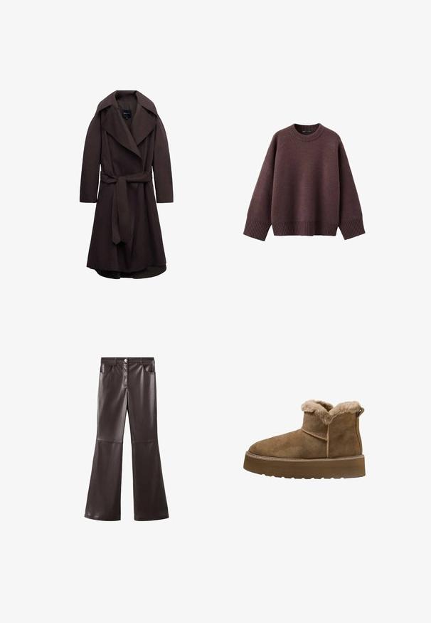 Mørkebrun lang trenchcoat med brede revers og et matchende stofbælte bundet i taljen, vist på hvid baggrund.; Løs pasform sweater i mørk bordeaux, lavet af blødt strikket stof. Har en ribstrikket rund hals, vide ærmer og en ribstrikket kant.; Brune flared bukser i imiteret læder med høj talje, forlommer og en glat tekstur samt diskrete sømdetaljer ved knæene.; Brune ruskinds ankelstøvler med faux pelsfor, rund tå og en tykk platformsål; har en syet søm og en trækflap bagpå.