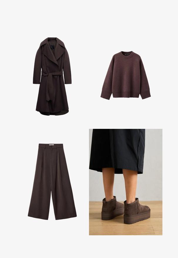 Trench-coat long marron foncé avec de larges revers et une ceinture assortie en tissu nouée à la taille, présenté sur un fond blanc.; Pull ample de couleur bordeaux foncé, en tissu tricoté doux. Il présente un col rond côtelé, de larges manches et un ourlet côtelé.; Pantalon à jambes larges en tissu brun foncé, avec des plis, une fermeture par bouton, et une texture lisse ; longueur cheville avec une coupe ajustée.; UGG CLASSIC ULTRA MINI PLATFORM - Boots à talons - burnt cedar