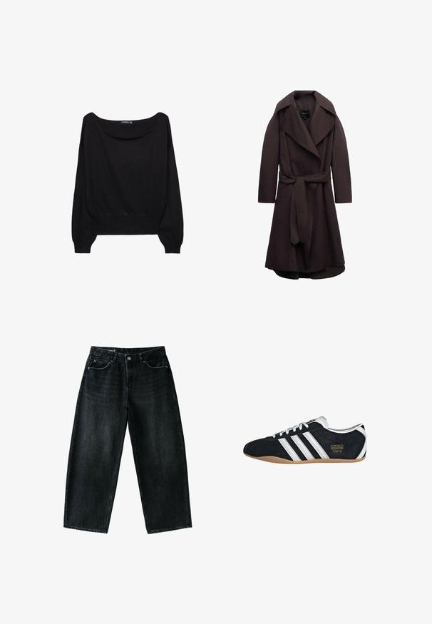 Mørkebrun lang trenchcoat med brede revers og et matchende stofbælte bundet i taljen, vist på hvid baggrund.; Sort strikket sweater med en bred bådudskæring, lange ærmer og en tætsiddende kant. Stoffet har en blød tekstur og en afslappet pasform.; Sorte vidde jeans i denim med forreste knap og lynlås, bæltestropper og fem-lomme design på hvid baggrund.; Sort ruskinds sneaker med hvide tre striber, guldlogo og en brun gummisål. Har et lavprofil snørebåndsdesign.