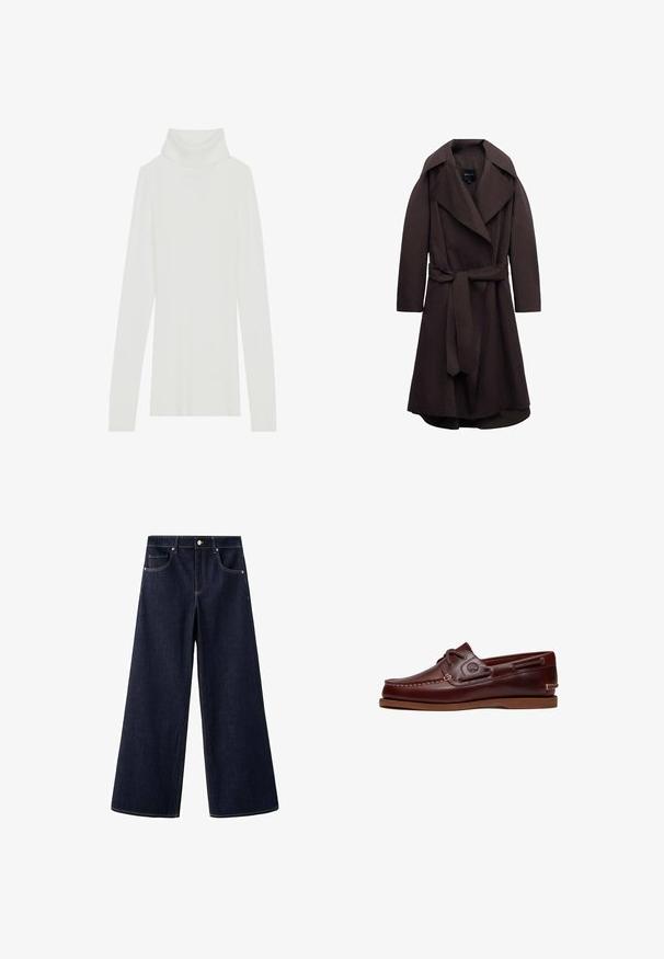 Trench-coat long marron foncé avec de larges revers et une ceinture assortie en tissu nouée à la taille, présenté sur un fond blanc.; Pull à col roulé blanc côtelé avec des manches longues, texture douce, et un col roulé haut, doté d'une coupe ajustée et sans fermetures visibles.; Jean large à taille haute bleu foncé avec bouton avant, fermeture éclair, deux poches avant et une petite poche pour pièce.; Chaussure bateau en cuir marron avec lacets, détails de couture et logo Timberland sur le côté, présentée sur un fond blanc.