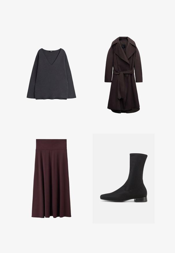 Mørkebrun lang trenchcoat med brede revers og et matchende stofbælte bundet i taljen, vist på hvid baggrund.; Mørkegrå sweatshirt med dyb V-udskæring, lange ærmer og en afslappet pasform. Lavet af blødt stof med en glat tekstur og uden synlige mønstre.; Bordeauxrød midi-nederdel lavet af blødt stof med en bred, elastisk talje. Har et flydende design, der let smalner mod kanten.; Sort ankelstøvle med en glat, elastisk overdel og en lav, lagdelt hæl. Har en spids tå og et sømløst design.