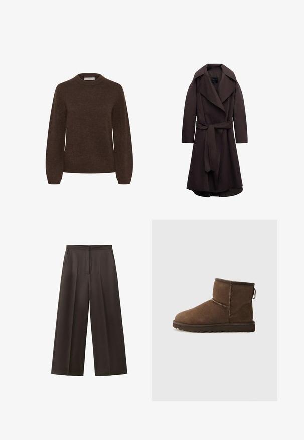 Trench-coat long marron foncé avec de larges revers et une ceinture assortie en tissu nouée à la taille, présenté sur un fond blanc.; Pull en tricot marron avec col rond, manches longues et texture douce, présentant un design simple sans motifs ni embellissements.; Pantalon noir à jambes larges avec taille haute, plis avant et poches latérales, conçu pour une tenue formelle ou professionnelle.; UGG CLASSIC MINI II - Bottes de neige - dusted cocoa
