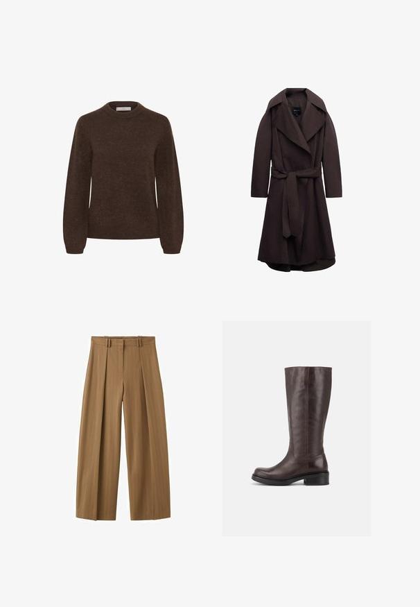 Trench-coat long marron foncé avec de larges revers et une ceinture assortie en tissu nouée à la taille, présenté sur un fond blanc.; Pull en tricot marron avec col rond, manches longues et texture douce, présentant un design simple sans motifs ni embellissements.; Pantalon marron taille haute à jambes larges avec fines rayures, plis sur le devant, passants pour ceinture et fermeture éclair dissimulée sur le devant.; Botte haute en cuir marron foncé avec un talon bloc bas et un bout arrondi, vue de côté sur un fond blanc uni.