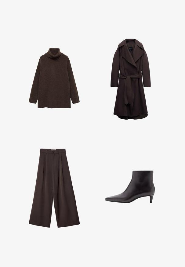 Trench-coat long marron foncé avec de larges revers et une ceinture assortie en tissu nouée à la taille, présenté sur un fond blanc.; Pull turtleneck marron en tricot doux. Il présente des manches longues et une coupe décontractée avec un col haut pour plus de chaleur.; Pantalon à jambes larges en tissu brun foncé, avec des plis, une fermeture par bouton, et une texture lisse ; longueur cheville avec une coupe ajustée.; Botte en cuir noir à la cheville avec un bout pointu, texture lisse et un petit talon fin. Design minimaliste sans embellissements.