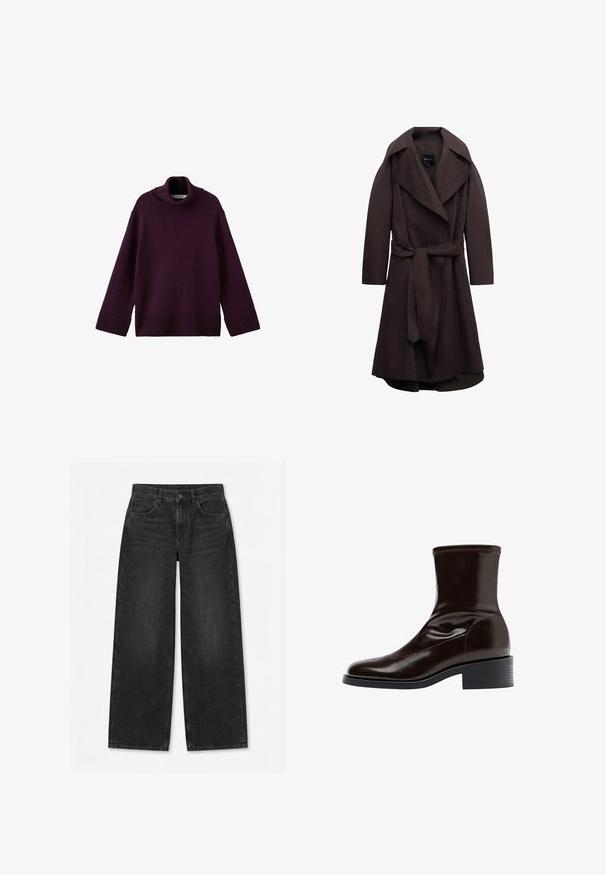 Mørkebrun lang trenchcoat med brede revers og et matchende stofbælte bundet i taljen, vist på hvid baggrund.; Lilla, chunky strikket turtleneck sweater med ribbede manchetter og kant, der har en løs pasform og tekstureret stof.; Sorte jeans med brede ben, forrest knap og lynlås, bæltestropper og design med fem lommer på en ensfarvet hvid baggrund.; Mørkebrun læderankelstøvle med firkantet tå, lav blokhæle og stikning langs øverste kant, vist i sideprofil.