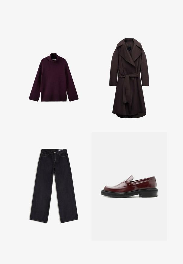 Mørkebrun lang trenchcoat med brede revers og et matchende stofbælte bundet i taljen, vist på hvid baggrund.; Lilla, chunky strikket turtleneck sweater med ribbede manchetter og kant, der har en løs pasform og tekstureret stof.; Mørkeblå jeans med vide ben, forlommer, bæltestropper og kontrastsyninger, lagt fladt på en hvid baggrund.; Bordeaux rød læderloafer med sort solid sål og sølvfarvet dekorativ spænde, vist i sideprofil på hvid baggrund.