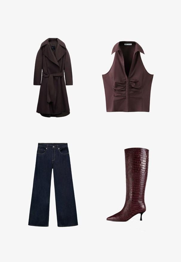 Donkere bruine lange trenchcoat met brede revers en een bijpassende stoffen riem gestrikt in de taille, weergegeven op een witte achtergrond.; Mouwloze donkerbruine blouse met diepe V-hals, brede kraag en geplooid gerimpeld detail aan de voorkant in het midden.; Donkerblauwe denim wijde jeans met een hoge taille, voorzien van vijf zakken, metalen knoopsluiting en zichtbare stikselaccenten.; Bordeaux puntige kniehoog laars van gestructureerd nep krokodillenleer met een kleine stilettohak en een gladde afwerking.