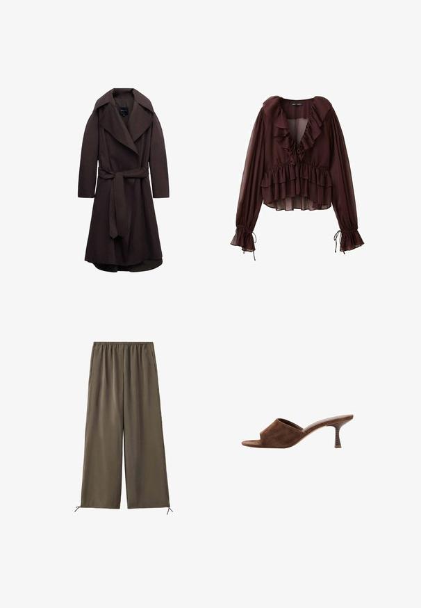 Trench-coat long marron foncé avec de larges revers et une ceinture assortie en tissu nouée à la taille, présenté sur un fond blanc.; Blouse marron transparente à manches longues avec col volanté, volants superposés sur le devant et détails à nouer au niveau du col et des poignets.; Pantalon vert olive ample avec taille élastique et cordons au bas, présenté à plat sur fond blanc.; Mule en daim marron à bout ouvert, talon en bois incurvé de hauteur moyenne et design à enfiler sur fond blanc.