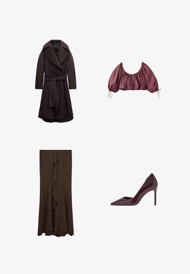 Mørkebrun lang trenchcoat med brede revers og et matchende stofbælte bundet i taljen, vist på hvid baggrund.; Beskåret, off-shoulder bluse i dyb mauve med samlet stof og elastiske pufærmer, bundet ved håndleddene.; Brun, gulvlang nederdel lavet af blødt stof med en centralt flæse detalje, der har et rent, enkelt design og glat tekstur.; Bordeaux patent læder højhælet pump, spids tå design, slank silhuet og stiletto hæl. Glat tekstur med blank finish.