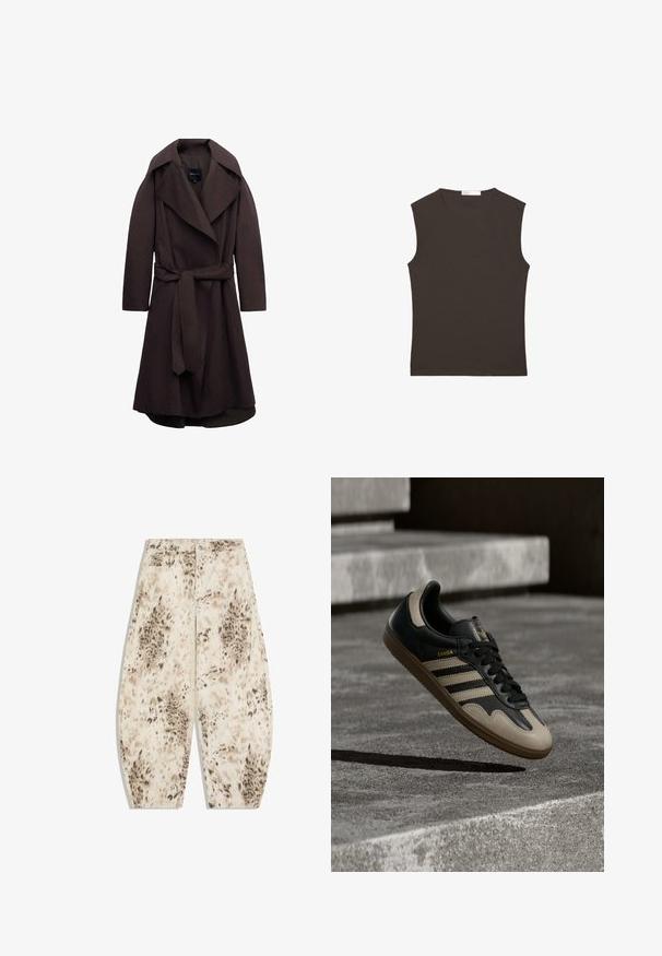 Trench-coat long marron foncé avec de larges revers et une ceinture assortie en tissu nouée à la taille, présenté sur un fond blanc.; Débardeur sans manches brun foncé à col rond avec ourlet droit, présenté à plat sur un fond blanc.; Pantalon taille haute à jambes larges avec imprimé animal abstrait beige et marron, fermeture à boutons sur le devant et passants pour ceinture.; Baskets en cuir noir et beige avec trois bandes blanches, semelle en caoutchouc beige et détail en or "Samba" sur le côté.