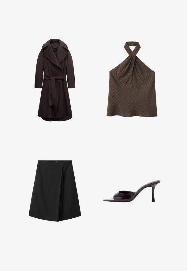 Donkere bruine lange trenchcoat met brede revers en een bijpassende stoffen riem gestrikt in de taille, weergegeven op een witte achtergrond.; Bruine textuurrijke mouwloze haltertop met een gedraaide halslijn en knoopsluiting aan de achterkant van de nek.; Zwarte rok tot op de knie met een rechte tailleband en een overlappend plooidetail aan de voorkant, afgebeeld op een witte achtergrond.; Zwarte lakleren mule met open teen, smalle midhoge stilettohak en lager uitgesneden bovenband.