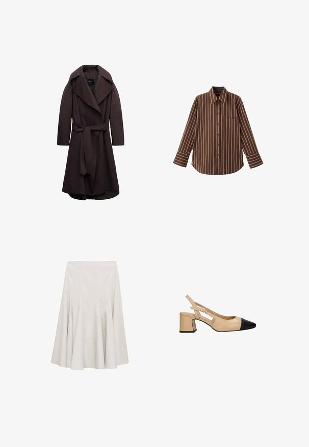 Donkere bruine lange trenchcoat met brede revers en een bijpassende stoffen riem gestrikt in de taille, weergegeven op een witte achtergrond.; Bruin overhemd met lange mouwen, witte verticale strepen en een borstzak, plat neergelegd op een witte achtergrond.; Crèmekleurige uitlopende rok van een soepele stof, met plooien voor volume en een eenvoudig, onopgesmukt ontwerp.; Beige slingback hak met een zwarte lakleder teenkap, vierkante blokhak en een verstelbare band met gesp. Gladde textuur overal.