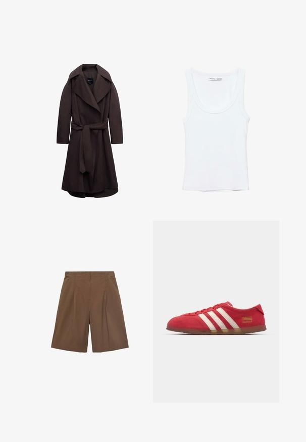 Donkere bruine lange trenchcoat met brede revers en een bijpassende stoffen riem gestrikt in de taille, weergegeven op een witte achtergrond.; Effen witte mouwloze tanktop met ronde hals, gemaakt van zachte stof, met een label aan de binnenkant van de kraag dat merk en maat aangeeft.; Bruine op maat gemaakte shorts met een vlakke voorkant, plooien en zijzakken. Gemaakt van een lichte stof, met een relaxte pasvorm en afgebiesde randen.; Rode suède sneakers met wit drie-streepdesign, platte zool en gouden logo-detail. Laag uitgesneden ontwerp met ronde neus en vetersluiting.