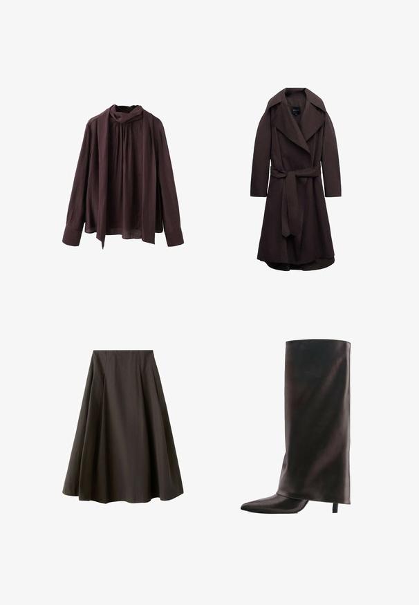 Trench-coat long marron foncé avec de larges revers et une ceinture assortie en tissu nouée à la taille, présenté sur un fond blanc.; Blouse longue à manches longues de couleur marron foncé avec un col froncé et un détail de foulard long attaché, fabriquée dans un tissu texturé léger.; Jupe noire trapèze à taille haute avec ourlet évasé, fabriquée en tissu lisse, présentée sur fond blanc.; Botte haute noire en cuir avec un bout pointu et un talon fin de hauteur moyenne sur fond blanc.