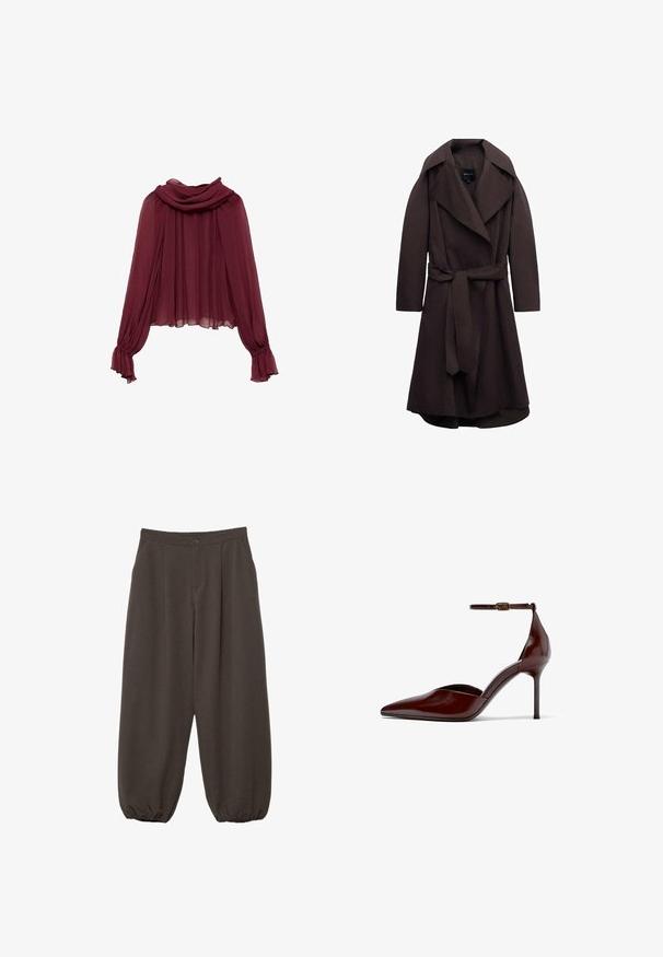 Trench-coat long marron foncé avec de larges revers et une ceinture assortie en tissu nouée à la taille, présenté sur un fond blanc.; Blouse en chiffon bordeaux avec un col drapé et des manches longues. Les manches ont des poignets froncés, créant une silhouette fluide.; Pantalon ample marron foncé avec fermeture à boutons, plis à l'avant et chevilles élastiquées.; Chaussure à talon haut en cuir marron brillant, bout pointu, avec bride à la cheville et talon aiguille fin, vue de côté sur fond blanc.