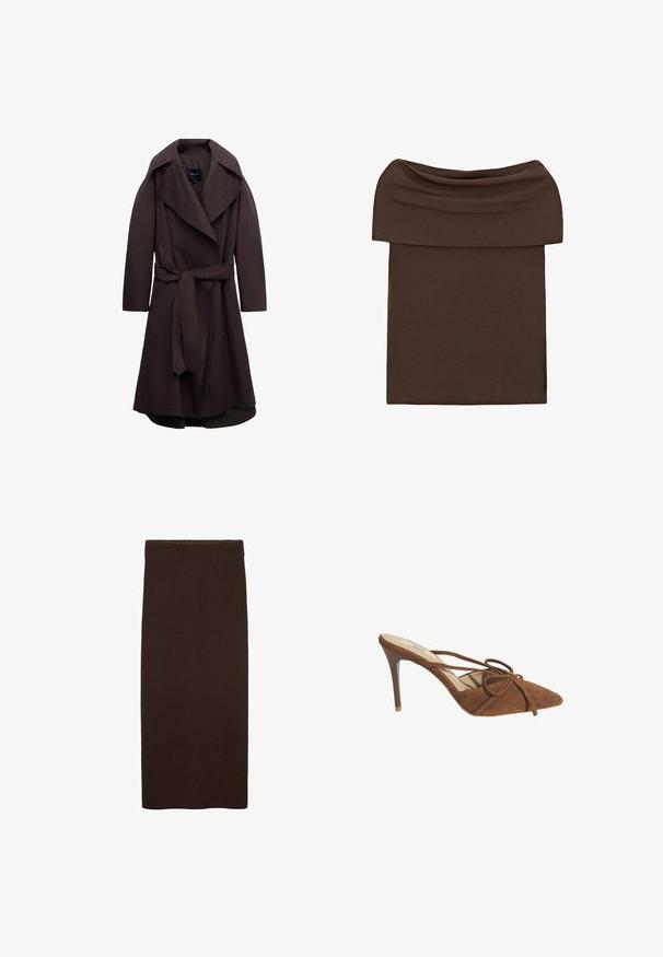 Donkere bruine lange trenchcoat met brede revers en een bijpassende stoffen riem gestrikt in de taille, weergegeven op een witte achtergrond.; Bruine nauwsluitende rok met blote schouders en een brede gevouwen tailleband, gemaakt van zachte, rekbare stof.; Bruine gebreide midi-jurk met een lichaamshugging pasvorm, een gladde textuur, geen zichtbare patronen en een eenvoudig, strak ontwerp zonder versieringen.; Desa Muiltjes met hak - brown