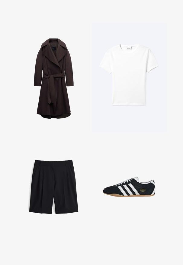 Dunkelbrauner langer Trenchcoat mit breiten Revers und passendem Stoffgürtel, der in der Taille gebunden ist, vor weißem Hintergrund dargestellt.; Einfaches weißes T-Shirt mit kurzen Ärmeln und Rundhalsausschnitt sowie kleinem "WEEKDAY"-Etikett im Nacken, flach auf einem hellen Hintergrund präsentiert.; Schwarze Shorts aus leichtem Stoff, mit hoher Taille, vorderen Falten und seitlichen Taschen. Glatte Textur mit elastischem Bund.; Schwarze Wildledersneaker mit drei weißen Streifen, goldenem Logo und brauner Gummisohle. Merkmale ein niedrigprofiliertes Schnürdesign.