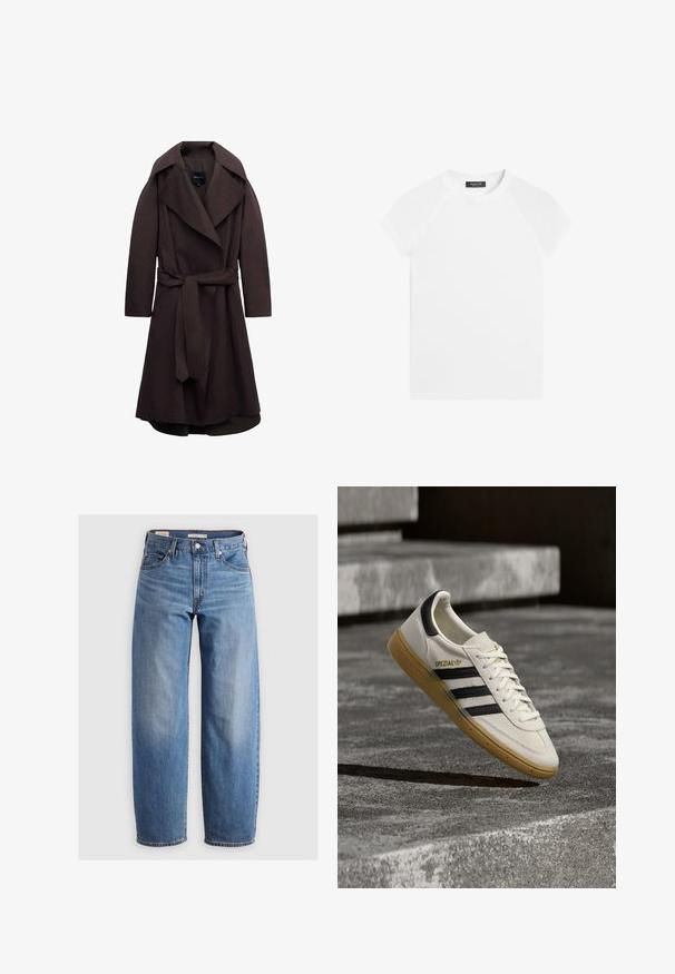 Donkere bruine lange trenchcoat met brede revers en een bijpassende stoffen riem gestrikt in de taille, weergegeven op een witte achtergrond.; Wit T-shirt met korte mouwen en ronde hals met raglanmouwen en een zwart label aan de binnenkant van de kraag met daarop Massimo Dutti.; Lichtblauwe rechte spijkerbroek van denim. Bevat een klassiek vijf-pocket ontwerp en subtiele vervaging langs de benen.; Witte Adidas Spezial sneaker met zwarte strepen en gumzool, zwevend boven grijze stenen trappen buiten.