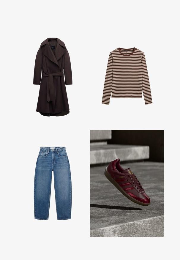 Donkere bruine lange trenchcoat met brede revers en een bijpassende stoffen riem gestrikt in de taille, weergegeven op een witte achtergrond.; Bruine lange mouwen shirt met witte horizontale strepen en een ronde hals, plat gelegd op een witte achtergrond.; Hoge taille blauwe denim jeans met een rechte pijp, voorzien van vijf zakken, riemlussen en subtiele vervaging voor extra textuur.; Bordeauxrode leren sneaker met drie donkere strepen, gouden letters, een gestructureerde zool en een gladde afwerking. Verhoogd tegen een betonnen achtergrond.
