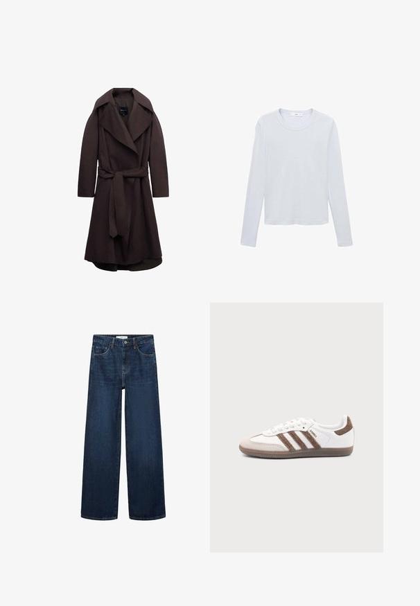Dunkelbrauner langer Trenchcoat mit breiten Revers und passendem Stoffgürtel, der in der Taille gebunden ist, vor weißem Hintergrund dargestellt.; Weißes langärmeliges Baumwoll-T-Shirt mit Rundhalsausschnitt, geradem Saum und minimalen Nähten, flach auf weißem Hintergrund liegend.; Weite dunkelblaue Denim-Jeans mit hoher Taille, ausgestattet mit fünf Taschen und einer klassischen Knopfschließe. Glatte Textur und gerader Schnitt.; Weißer Adidas Samba Sneaker mit braunen Wildlederstreifen, brauner Gummisohle und beiger Wildlederkappe, von der Außenseite auf schlichtem Hintergrund gezeigt.