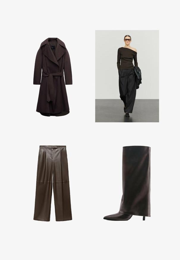 Mørkebrun lang trenchcoat med brede revers og et matchende stofbælte bundet i taljen, vist på hvid baggrund.; Kvinde iført en sort off-shoulder top, brede sorte bukser, sorte sko, store solbriller og holder en sort jakke, går på et gråt gulv.; Brune læder brede bukser med en glat tekstur, der har folder foran og et klassisk taljebånddesign.; Høj sort læderstøvle med spids tå og slank mellemhøj hæl på hvid baggrund.