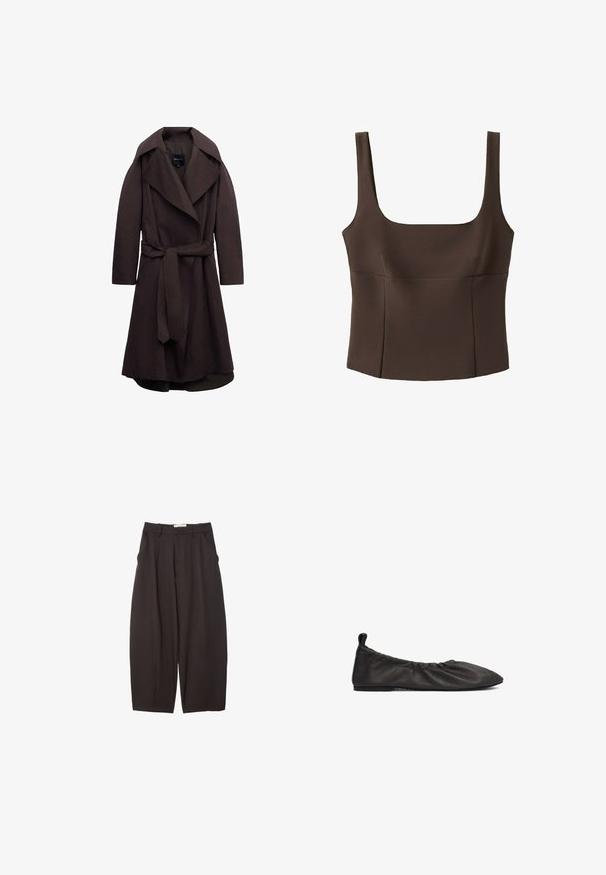 Trench-coat long marron foncé avec de larges revers et une ceinture assortie en tissu nouée à la taille, présenté sur un fond blanc.; Top marron sans manches, court, avec un large décolleté carré et des coutures ajustées, en tissu texturé.; Pantalons larges noirs en tissu lisse, avec une taille haute, des plis avant et des poches latérales. Design simple sans embellissements.; Chaussure plate en cuir noir avec un bord élastique froncé, bout pointu et surface lisse. Présente un design minimaliste sans quincaillerie visible.