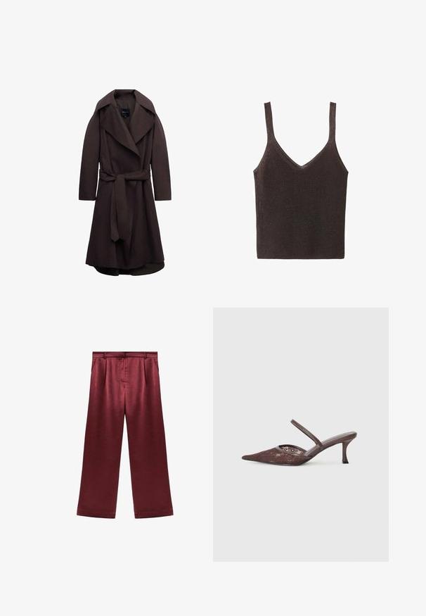 Trench-coat long marron foncé avec de larges revers et une ceinture assortie en tissu nouée à la taille, présenté sur un fond blanc.; Débardeur tricoté marron sans manches avec un col en V, présentant une texture lisse légèrement brillante et une silhouette ajustée.; Pantalons larges bordeaux en satin avec une texture lisse, dotés d'une taille haute et de deux poches latérales pour un détail fonctionnel.; Chaussure à bride arrière en dentelle marron avec un bout pointu et une fine sangle, présentant un motif floral subtil et un talon aiguille étroit.