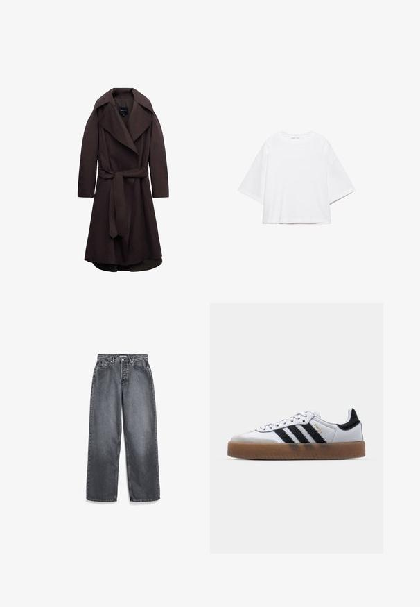Donkere bruine lange trenchcoat met brede revers en een bijpassende stoffen riem gestrikt in de taille, weergegeven op een witte achtergrond.; Wit, kort mouw, boxy t-shirt gemaakt van zacht katoen. Heeft een ronde hals en brede mouwen, met een strak, eenvoudig ontwerp.; Donkergrijze rechte jeans met voorzakken, riemlussen, knoop en ritssluiting.; Witte leren sneakers met zwarte strepen, gumrubberen buitenzool, ronde neus, vetersluiting en een zachte grijze suède neuskap.