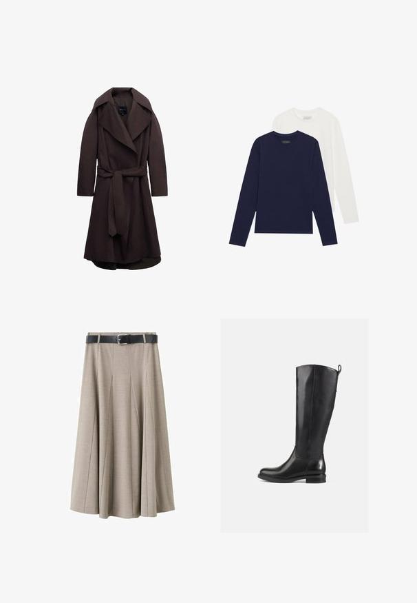 Trench-coat long marron foncé avec de larges revers et une ceinture assortie en tissu nouée à la taille, présenté sur un fond blanc.; Deux t-shirts à manches longues, l'un bleu marine et l'autre blanc, fabriqués en coton doux. Les deux présentent des encolures rondes et des ourlets droits.; Jupe plissée beige en tissu lisse, équipée d'une ceinture noire avec une boucle argentée. La jupe présente une coupe évasée et une longueur mi-mollet.; Bottes en cuir noir jusqu'au genou avec une finition lisse, bout rond, talon bas et une languette à l'arrière. Design minimaliste sans motifs visibles.