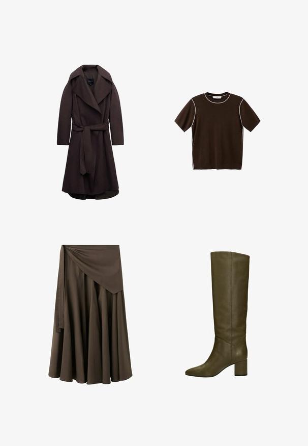 Trench-coat long marron foncé avec de larges revers et une ceinture assortie en tissu nouée à la taille, présenté sur un fond blanc.; Chemise en tricot à manches courtes de couleur marron foncé avec bordure blanche le long de l'encolure, des coutures d'épaule et des côtés, présentée sur un fond blanc.; Jupe midi portefeuille marron avec une large ceinture et une longue bande à nouer, présentant de doux plis pour une silhouette fluide.; Bottes en cuir vert olive, hautes, avec un bout pointu et un talon carré, présentant une texture lisse et des détails de couture minimalistes.