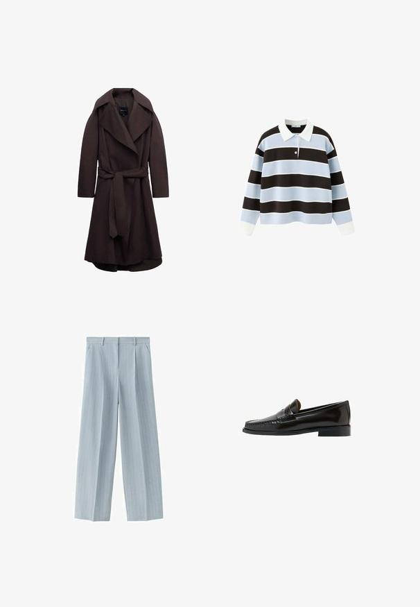 Trench-coat long marron foncé avec de larges revers et une ceinture assortie en tissu nouée à la taille, présenté sur un fond blanc.; Polo à manches longues avec larges rayures horizontales bleu clair et brun foncé et col et poignets blancs sur fond blanc.; Pantalon tailleur bleu clair à fines rayures, avec passants de ceinture, poches latérales et fermeture éclair à l'avant.; Mocassin penny en cuir noir avec talon bas et détails cousus, présenté de côté sur un fond blanc.