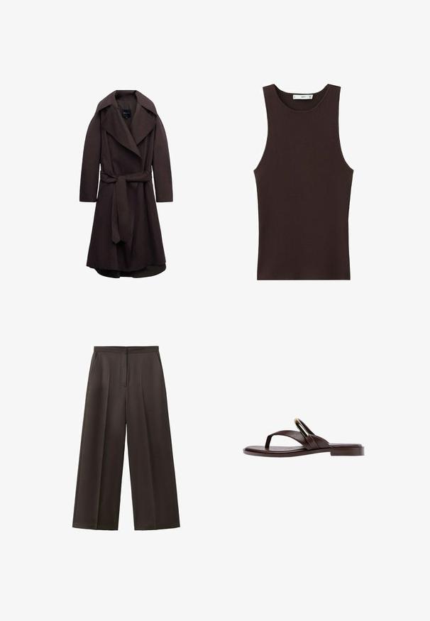 Trench-coat long marron foncé avec de larges revers et une ceinture assortie en tissu nouée à la taille, présenté sur un fond blanc.; Débardeur côtelé sans manches de couleur brun foncé avec encolure ronde, coupe ajustée, et petite étiquette de marque à l'intérieur du col.; Pantalon noir à jambes larges avec taille haute, plis avant et poches latérales, conçu pour une tenue formelle ou professionnelle.; Sandale plate en cuir marron avec lanière entre les orteils et détail de boucle ovale dorée sur deux brides traversant le pied.