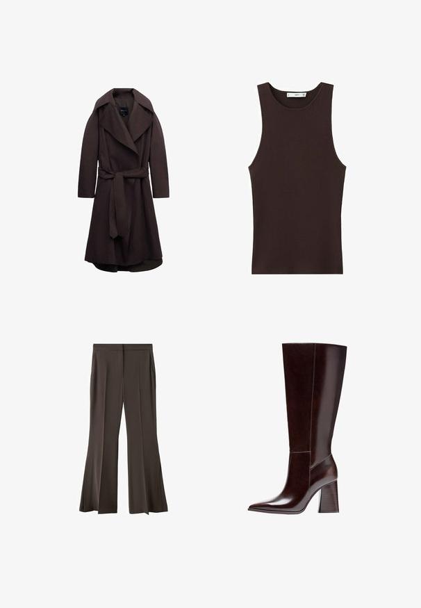 Trench-coat long marron foncé avec de larges revers et une ceinture assortie en tissu nouée à la taille, présenté sur un fond blanc.; Débardeur côtelé sans manches de couleur brun foncé avec encolure ronde, coupe ajustée, et petite étiquette de marque à l'intérieur du col.; Pantalons larges marron au design cintré, présentant une texture douce, des fentes latérales verticales et des poches avant.; Botte en cuir marron jusqu'au genou avec un bout pointu et un talon en bloc texturé. Présente des lignes épurées et des détails de couture minimalistes.